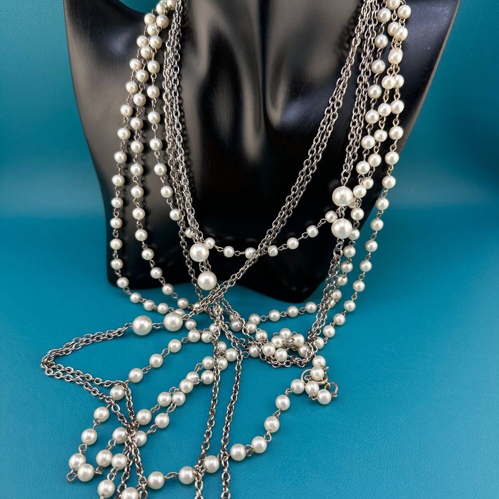 Vintage Flapper Necklace Lot Silver Tone Chain Faux Pearl Station Bead 85" 54"